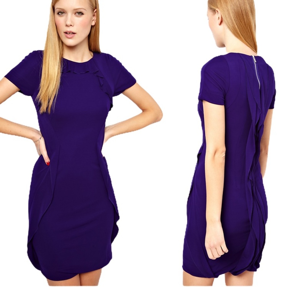 Karen Millen Royal Blue Ruffle Mini Dress Short Sleeve Cocktail Evening Size 4